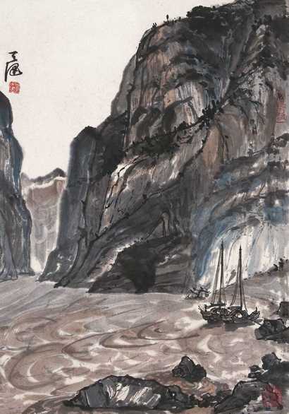 贺天健 峡江泊舟图 镜心